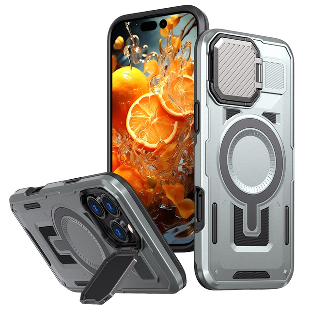 Best Selling Magnetic Metal Camera Lens Stand Armor Back Case for iPhone 16 Pro Max 15 Support Wireless Charging Cover Anti Drop