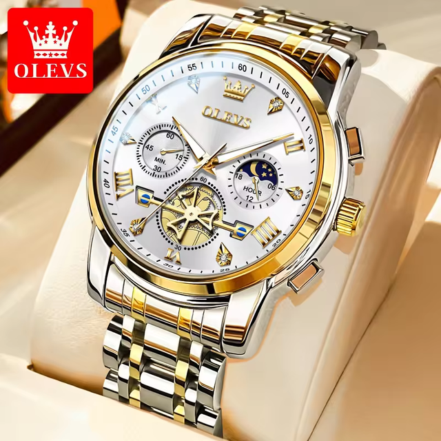 OLEVS 2856 Moon Phase Quartz Watch for Men 24Hour Display Waterproof Mens Wrist Watches 42mm Big Dial Luxury Hand Clock
