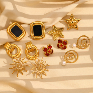 Pendientes de tuerca vintage Chapado en oro de 18 quilates/chapado en oro rosa pendientes de declaración geométricos de acero inoxidable para mujer - Product Image 3