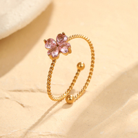 Bagues ouvertes ajustables tendance trèfle à quatre feuilles pour femmes, en acier inoxydable plaqué or 18 carats, avec fleur colorée et zircon, bijoux étanches