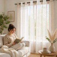 Aodu Rideau Semi-Transparent en Lin à Rayures Verticales, Large et Étroit, avec Œillets et Passe-Tringle, Panneau de Fenêtre Beige Blanc, Vente en Gros Direct Usine