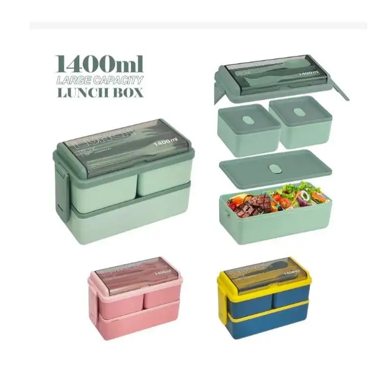 Lancheira japonesa de 1400ml, camada dupla japonesa, grande capacidade, de plástico, caixa de almoço com talheres, escritório, escola, recipiente de pequeno-almoço portátil para piquenique