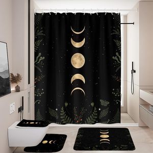 Juego de cortinas de ducha con diseño de fases lunares, plantas celestiales, estilo gótico, brujería, misticismo, tapa de inodoro y alfombra de baño en forma de U - Product Image 1
