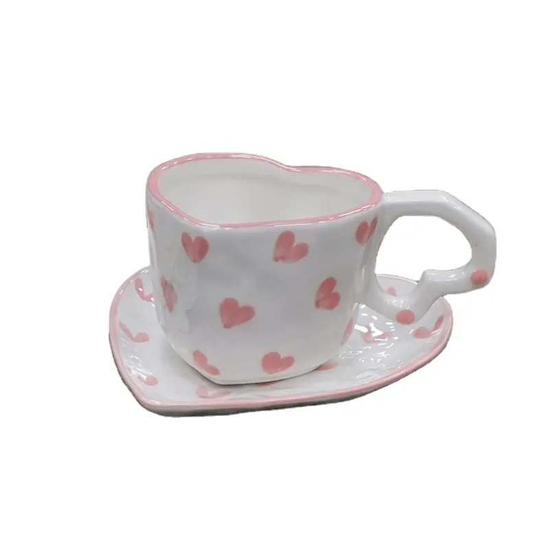 Solhui New Arrival ins hand painted cute pink love ceramic coffee mug with heart handle heart shape ceramic dessert salad plate