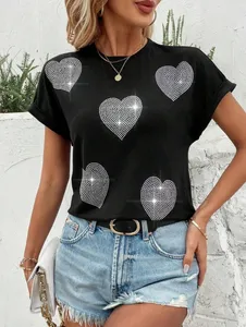 Wholesale Manufacturer Round Neck Short Sleeve T Shirt Top Fashion Designer Bling Bling Rhinestone Hearts T Shirt For Women