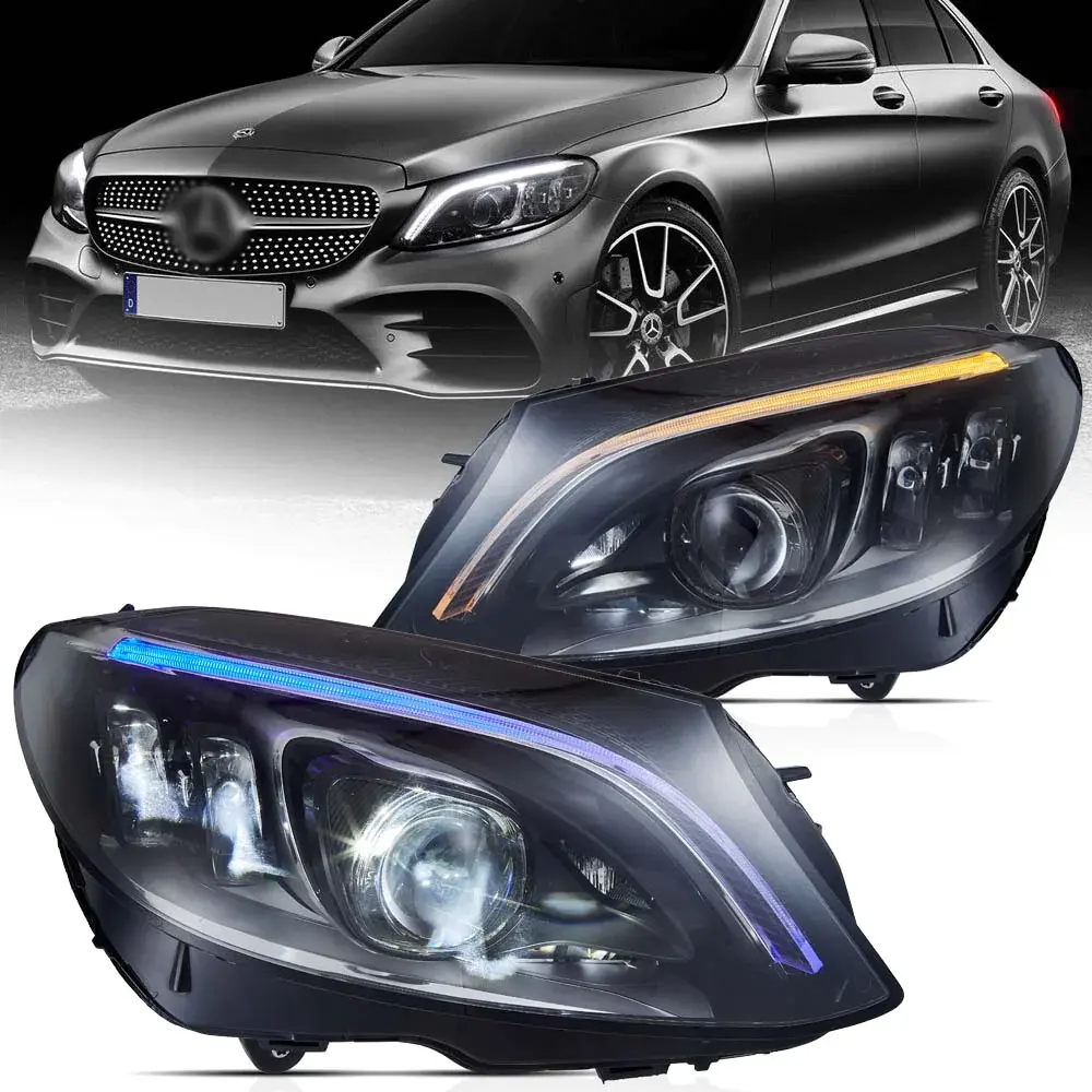 VLAND LED كشافات أمامية عارضة لسيارة مرسيدس بنز W205 C-Class 2015-2020 مع البدء باللون الأزرق DRL