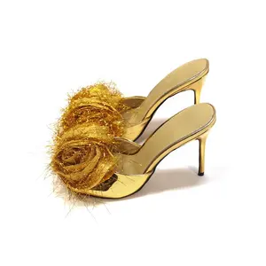 Sandalias de mujer de piel auténtica al por mayor, zapatos de mujer con tacones altos y purpurina dorada, chanclas personalizadas con logotipo