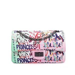 Bolso de mano de cuero con Graffiti para mujer, cartera de mano colorida de marca famosa