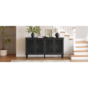 Buffet antique de 60 pouces avec sculptures florales, pieds en bois massif, étagères réglables, meuble TV et rangement - Product Image 5