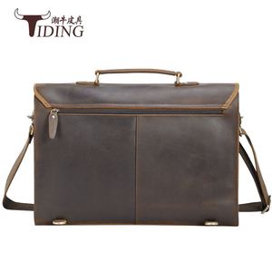 Tiding Genuine Leather <b>Briefcase</b> Men's Horizontal Shoulder Bag Business Travel Dark Brown - Product Image 4