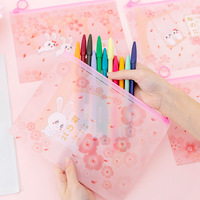Lapin en fleur de cerisier mignonne pour étudiant, sac transparent avec anneau rose, sacoche ol avec fermeture éclair, trousse à crayon en pvc, papeterie