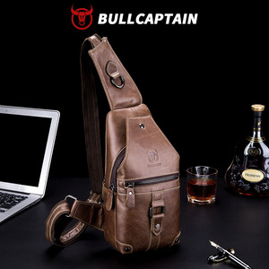 Bolso Bandolera de Cuero Genuino para Hombre BULLCAPTAIN, Logotipo Grabado, Cierre de Cremallera, Tamaño Pequeño, para Uso Diario, Bolso de Pecho, Bolso Mensajero - Product Image 1