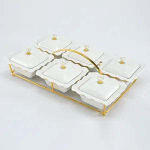 Hotel restaurant luxury marble ceramics serving dish food snack serving tray with lid