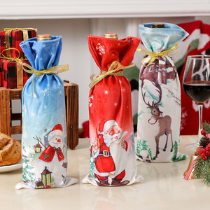 Sacs cadeaux pour bouteilles de vin de <span class=keywords><strong>Noël</strong></span>, sacs du <span class=keywords><strong>Père</strong></span> <span class=keywords><strong>Noël</strong></span>, imprimés <span class=keywords><strong>Père</strong></span> <span class=keywords><strong>Noël</strong></span>, bonhomme de neige, renne, polyester, écologiques, réutilisables, ruban doré, pour les fêtes - Product Image 2