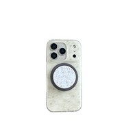 Casing HP Anti Benturan Lapis Ganda Akrilik Kulit PU dengan Dudukan Magnetik Motif Bunga Garis Dingin untuk 17 Pro Max 16 15 14