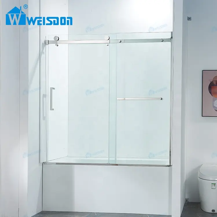 Weisdon ตู้อาบน้ำสแตนเลสแบบพกพา, ประตูห้องอาบน้ำกระจกนิรภัยแบบเลื่อนไร้กรอบสำหรับห้องน้ำ