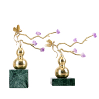 Sculpture de gourde en laiton de luxe, branche de cristal d'améthyste naturelle, base en marbre vert, décoration pour la maison, le bureau, le hall d'hôtel, usine OEM ODM