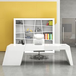 Escritorio de Oficina Moderno con Estante de Almacenamiento, Diseño Lacado en Blanco para Uso en el Hogar o la Oficina - Product Image 1