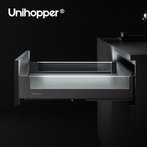 Unihopper Đôi Tường Hệ Thống Ngăn Kéo Nhiệm Vụ Nặng Nề Matel Mềm Đóng Cửa Ngăn Kéo Hộp Trượt Với LED Glass Bảng Điều Chỉnh Cán Ngăn Kéo - Product Image 1