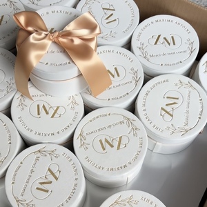 Boîte à dragées ronde en velours ivoire personnalisée avec logo, emballage cadeau <span class=keywords><strong>de</strong></span> luxe élégant, vide, pour mariage, avec ruban - Product Image 2