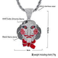 BES Collier pendentif petite taille en laiton serti de zircone cubique, motif masque de scie, personnage de film d'horreur, bijoux hip-hop pour hommes rappeurs