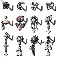 Piercing de nez punk en acier inoxydable 316L, forme en L, avec opale noire, planète, croix, plume, marquise, accessoires de piercing corporel pour narine