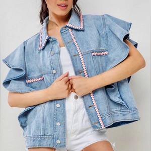 Veste en jean bohème pour femme, modèle tendance, avec manches à volants, brodée, en coton de haute qualité, coupe courte - Product Image 2