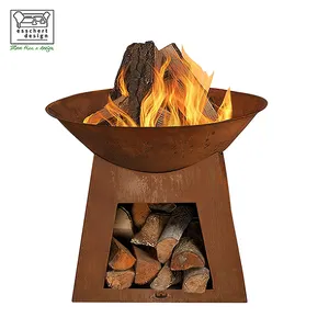 Esschert Design Rusty Firebowl with woodstorage 75x75 x60cm軟鋼ラウンド屋外無煙ファイヤーピットグリル暖炉ストーブ