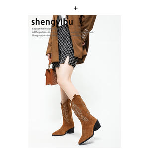 2024 automne nouveau col en v brodé manches Western Knight rétro moyen baril pointu talon grossier femmes bottes longues - Product Image 5
