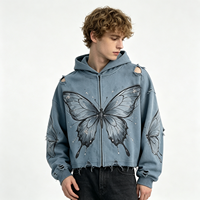 Hoodie Zip Up Heavyweight Motif Kupu-kupu Acid Wash Distressed, Sweatshirt Streetwear Warna Biru Pudar, Grafis, Pria
