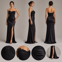 Robe de soirée sirène noire sans bretelles en dentelle brodée, corset froncé en satin, fente haute, dos nu, pour femme