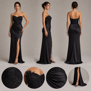 <span class=keywords><strong>Robe</strong></span> de soirée sirène noire sans bretelles en dentelle brodée, corset froncé en satin, fente haute, dos nu, pour femme - Product Image 3