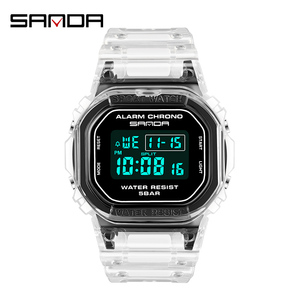 SANDA 2009 marca de moda de deporte reloj de las mujeres de los hombres transparente correa de resina LED Digital alarma cronómetro reloj jóvenes reloj electrónico - Product Image 1