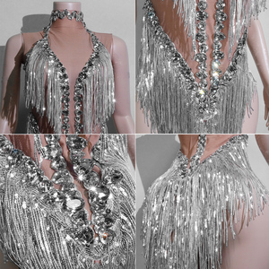 Combinaison à franges en strass argenté métallisé Ice Queen pour spectacle de scène, showgirl, diva, drag queen, disco, rave, costume de danseuse - Product Image 6