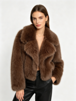 Manteau court en fausse fourrure de renard marron pour femme, col large, chaud et épais pour l'hiver, veste oversize moelleuse, vêtement d'extérieur de luxe à la mode pour femme