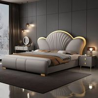 Lit en cuir de luxe moderne au design français avec rangement, ensemble de lit gris doux en forme d'animal, mobilier de chambre King Queen