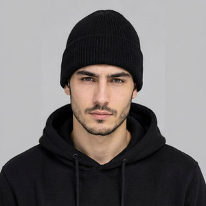 Black Knitted <b>Beanie</b> <b>Hat</b> for Men 100% <b>Wool</b> Winter Warm Cap Casual Solid Color Hand Made Adult Size 56-58CM Cycling - Product Image 1