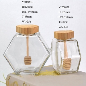 Hexagon Honey Jar Storage Jar With Glass Lid Wholesale Clear Custom Logo Hexagon Honey Glass Storage Jar With Wooden Lid And Dipper
