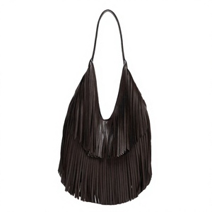 Sac Hobo Bohème en Cuir à Franges Couleur Unie Grande Capacité Sac à Bandoulière Tendance Fermeture Ouverte Sac à Main Personnalisable pour Marques - Product Image 3