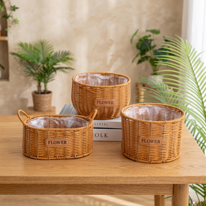Modern Portable Decorative Storage <b>Basket</b> Flower Pot in Faux Rattan Made of Woven <b>Plastic</b> Double Handles Eco-Friendly Home Decor - Product Image 3