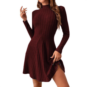 เดรสลำลองผู้หญิงแฟชั่นสีพื้นแบบริบบ์ แต่งผ้าต่อกัน ดีไซน์เซ็กซี่มีสไตล์ สำหรับฤดูใบไม้ร่วง/ฤดูหนาว - Product Image 3