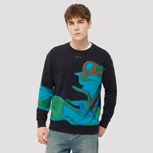 Sweat-shirt graphique pour homme, col rond, imprimé vague abstraite, épaules tombantes, noir, streetwear, fabricant de vêtements - Product Image 1