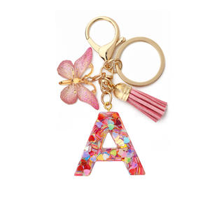 Pink Butterfly Resin Letter <b>A</b> Keychain With Tassel And Sequins Fashion Gift For Promotion And Souvenirs - Product Image 1
