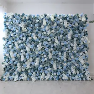 Custom Wedding Supplies Decoration Flower Wall Backdrop White Blue Fabric Flower Wall Decor