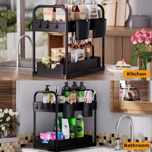 Organizzatore Sottolavello a 2 Livelli Nero Scorrevole per Bagno con Ganci e Contenitori - Product Image 5