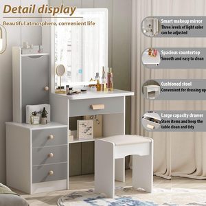 <strong>Small</strong> <strong>Vanity</strong> <strong>Table</strong> Makeup <strong>Vanity</strong> Dressing <strong>Table</strong> with Mirror 4 Drawers &amp; Shelves Dressing Desk and Cushioned Stool Set - Product Image 2