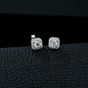 Classic 925 silver square halo cultivated diamond earrings for women - Product Image 3