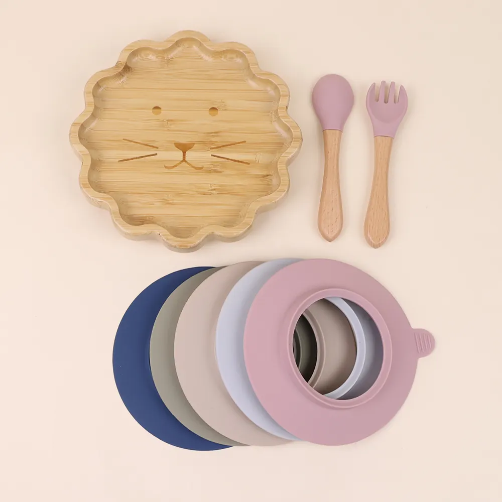 Bol en bois avec logo personnalisé, ensemble d'assiettes, vaisselle, bol à salade en bambou à aspiration divisée avec animaux de dessin animé, ensemble d'assiettes pour enfants