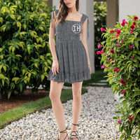 Robe Courte Femme Personnalisée à Col Carré et Bretelles Nouées, Imprimé Géométrique, Dos Ouvert, Ourlet Volanté, Fluide et Décontractée pour l'Été et la Plage