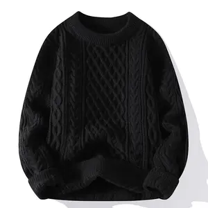Suéter de punto acanalado de cuello redondo de proveedor de fábrica, suéter de punto de algodón con cable grueso de Color sólido para hombres